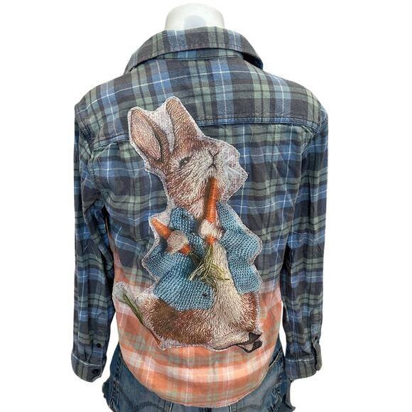 Peter Rabbit Plaid Flannel Shirt SMALL Oversize Upcycle Unique Easter Whimsical - Picture 1 of 6